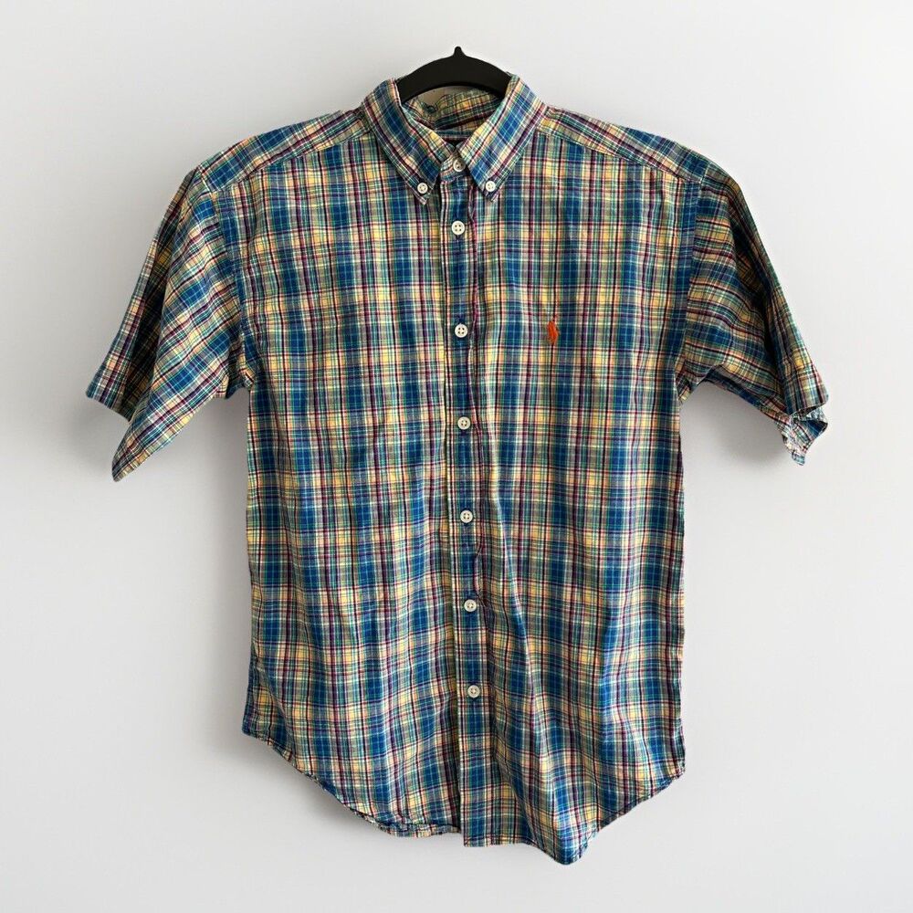 Ralph Lauren Shirt Boys M 12-14 Plaid Button Down Short Sleeve Pony Logo